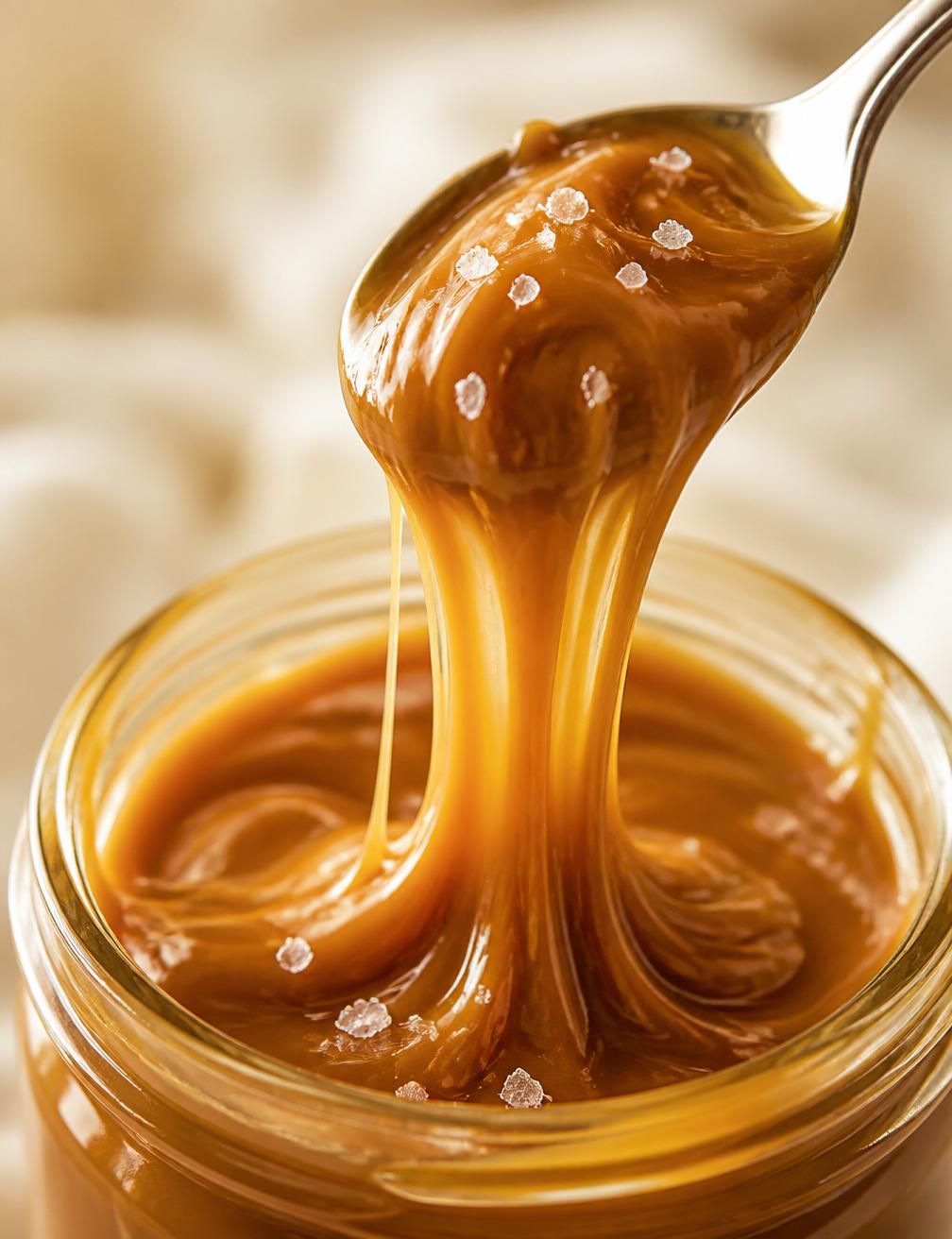 Caramel doré coulant d'une cuillère