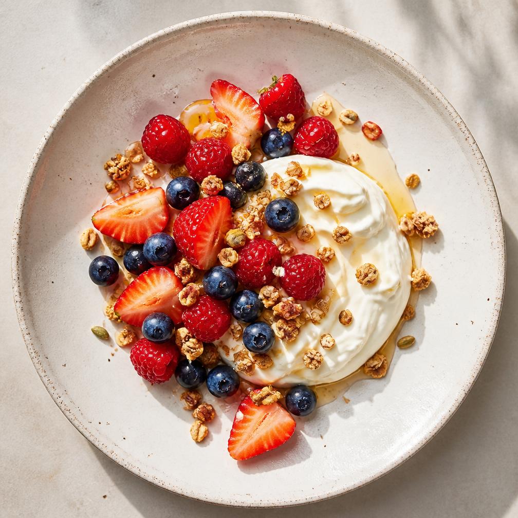 Bol de lait caillé, granola et fruits rouges